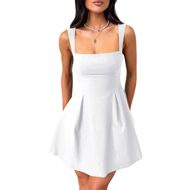 Vestido mini blanco YMDUCH sin mangas, cuello cuadrado y lazo