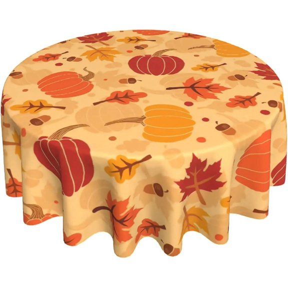 Fall Pumpkin Tablecloth Round Autumn Leaf and Chestnut Table Cloths Thanksgiving Table Cover Waterproof Dustproof Tabletop Decor