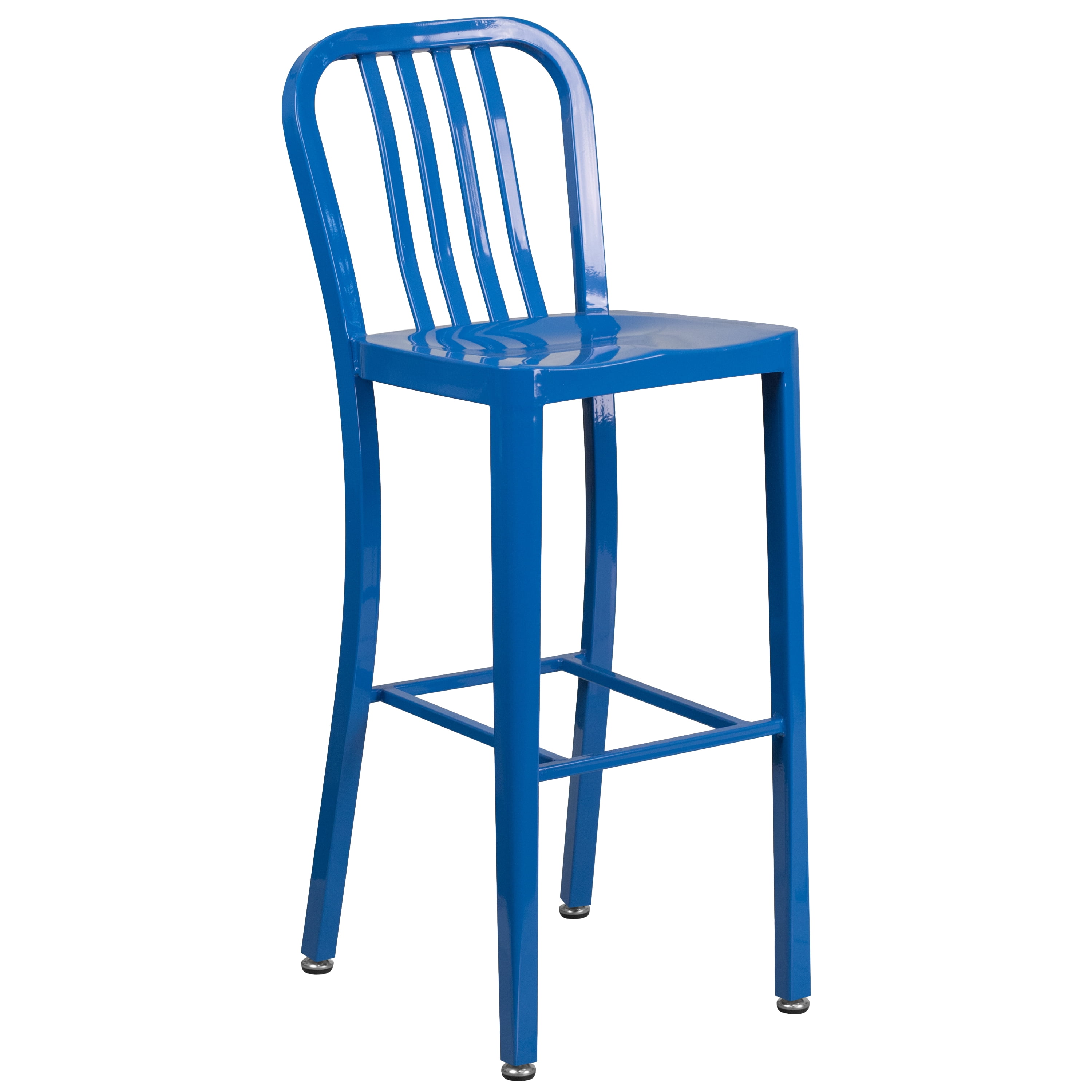 Flash Furniture Commercial Grade 30" Round Blue Metal Indoor-Outdoor Bar Table Set with 4 Vertical Slat Back Stools
