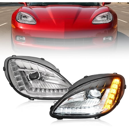 Kojem Headlight Compatible with 2005-2013 Chevrolet Chevy Corvette C6 Pair Wled Tube Drl Headlamps Front Light Lamp Left Right Clear Lenschrome Housing 2005-2013