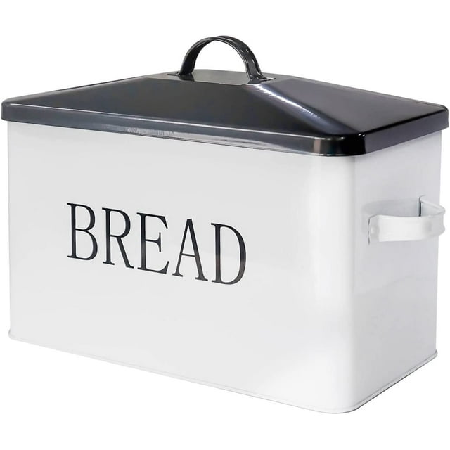 Metal Bread Box With Lid for Kitchen Countertop - Large Food Storage Container With Side Handles - Farmhouse Style BreadBox Grey Lid White Body