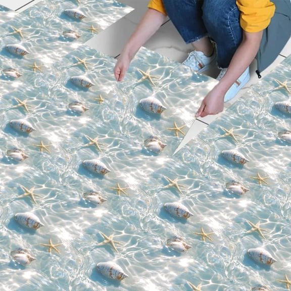 10PCS, 2D/Flat light blue sea water starfish shell vacation style PVC floor stickers, self-adhesive floor art stickers, 11.81x11.81 inches (30×30cm), suitable for floor decoration in bedrooms, living