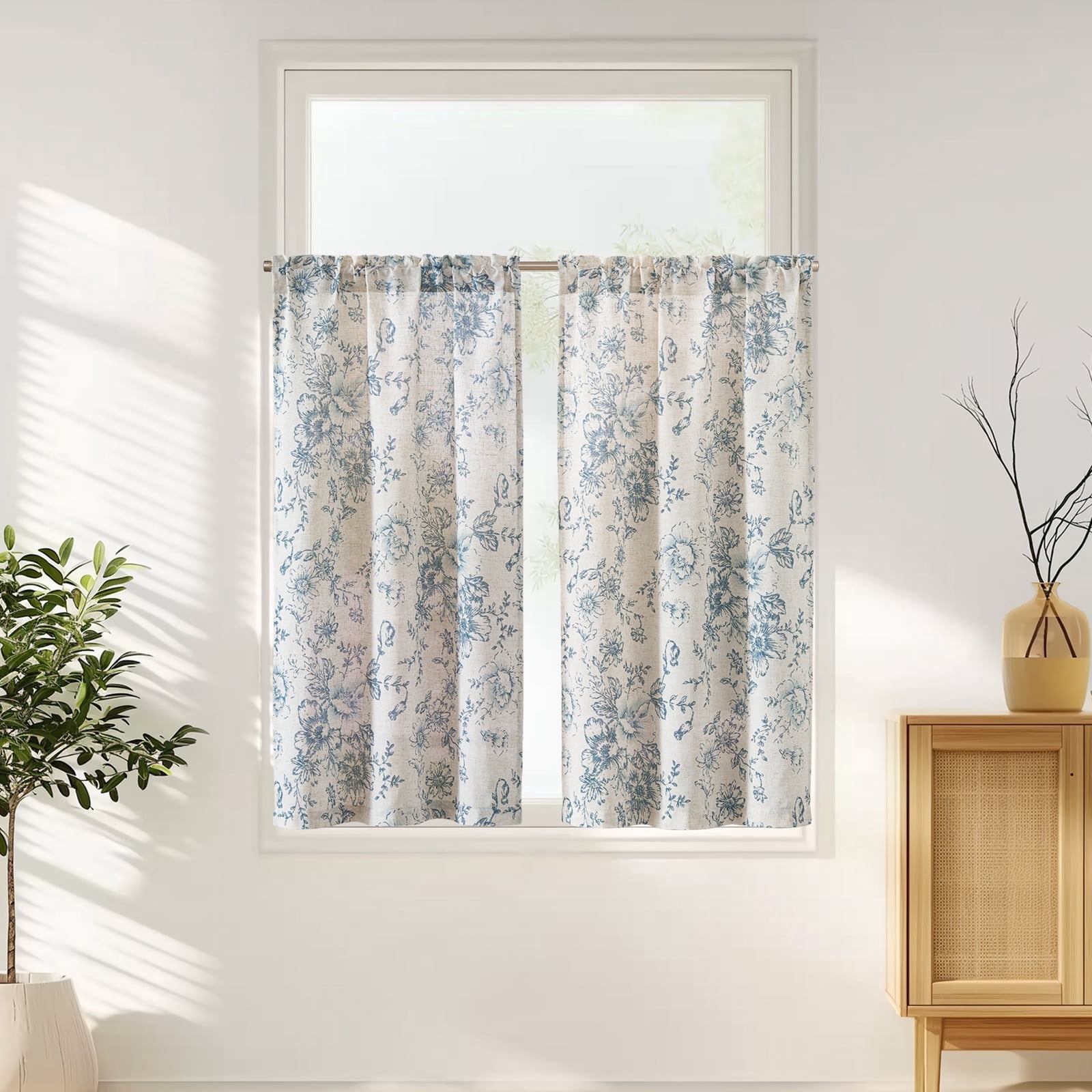 Curtainking Floral Kitchen Curtains Linen Cafe Curtains Rod Pocket Blue Curtains 26x45 inch Curtains for Living Room 2 Panels