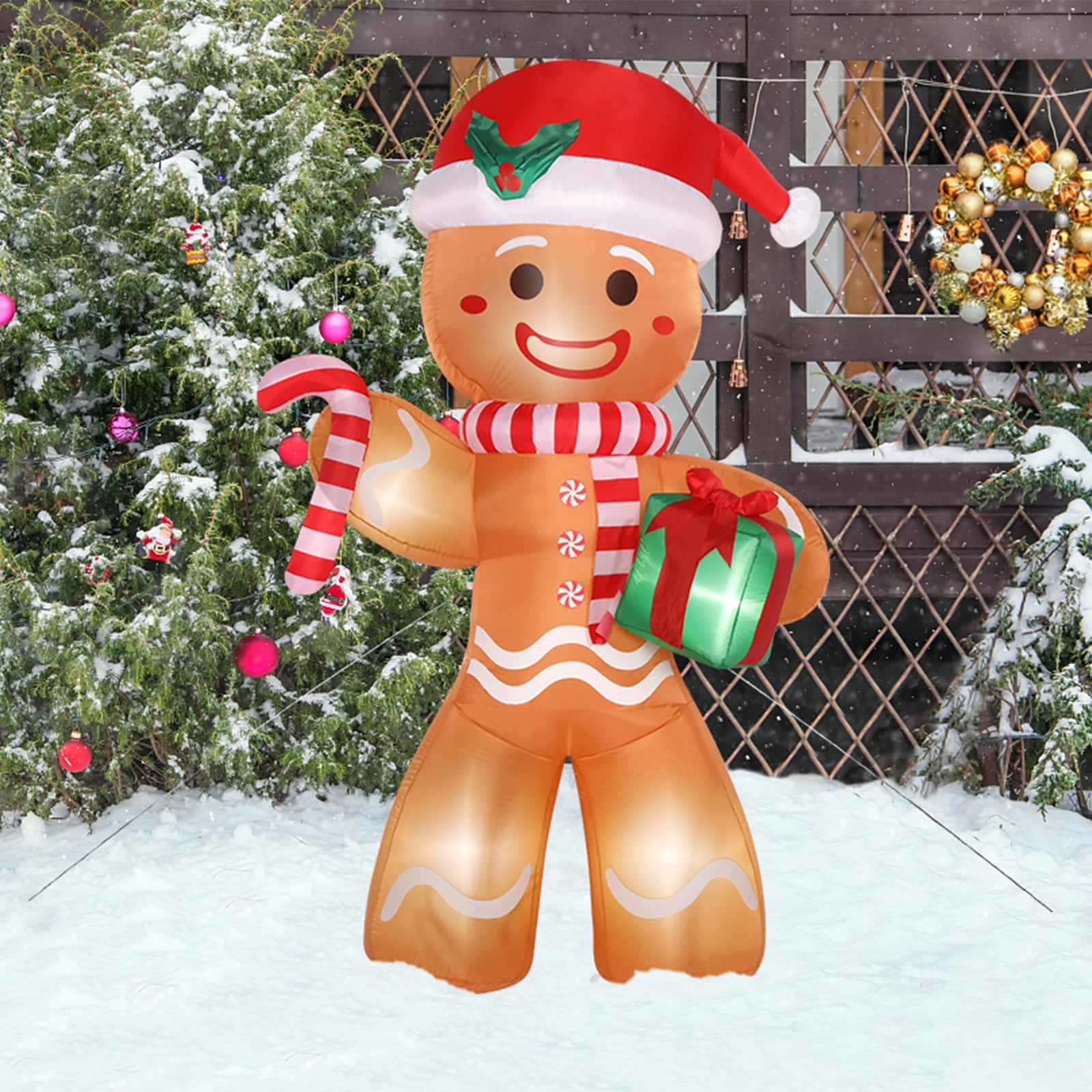 Astoutdoor 8 ft Gingerbread Man Holding Gift Decoration with 5 LED Lights, Polyester