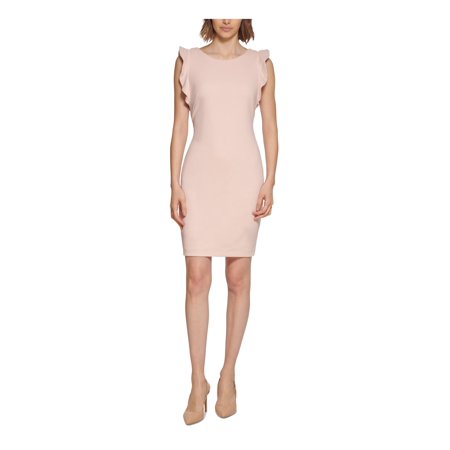 CALVIN KLEIN Womens Pink Zippered Ruffle-sleeve Crew Neck Short Party Sheath Dress 14