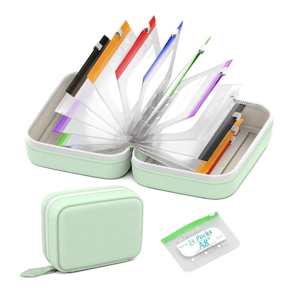Waterproof Pill Pouch Set, Large Weekly Organizer with 14 Color-Coded Pouches, Reusable Travel Pill Storage Bag, Zippered Case for Supplements (Green)