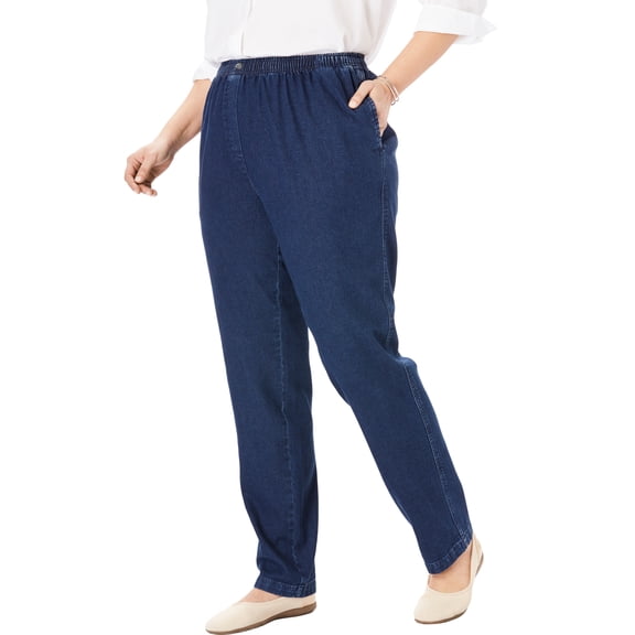 Woman Within Plus Size Tall 7-Day Straight-Leg Elastic-Waist Cotton Denim Pant