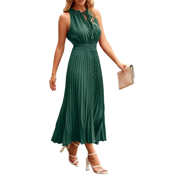 Vestido PRETTYGARDEN Midi Verde XL sin Mangas con Cuello en V y Puntitos Suizos
