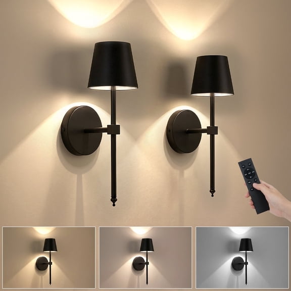 FRIDEKO HOME 13" Wireless Wall Sconces Set of 2, Small Cordless LED Wall Lamps, 5200mAh Rechargeable Battery with Remote, 3 Colors with Stepless Dimming Lightings for Living Room, Bedroom (Black)