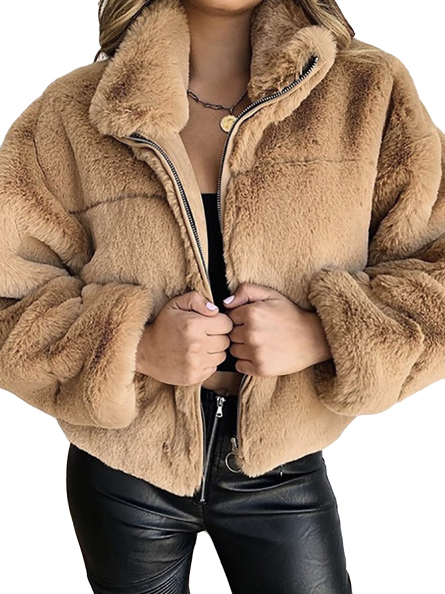 faux fur long sleeve plain loose hoodie