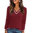 thumbnail image 2 of Wutalume Women's Long Sleeve V Neck Color Block Slim Knit Sweater, Fall Soft Lightweight Top, Solid Base Layer for Styling and Comfort,Wine L, 2 of 6