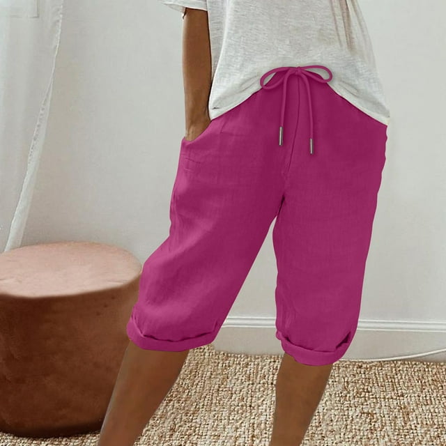 Économies d'Été! Shorts en Lin pour Femmes avec Poches, Shorts Bermuda en Coton et Lin pour Femmes, Shorts Décontractés Coupe Ample Ourlet Roulé Shorts à Cordon de Serrage Shorts Tendance avec Poches, Capris pour Femmes 2024