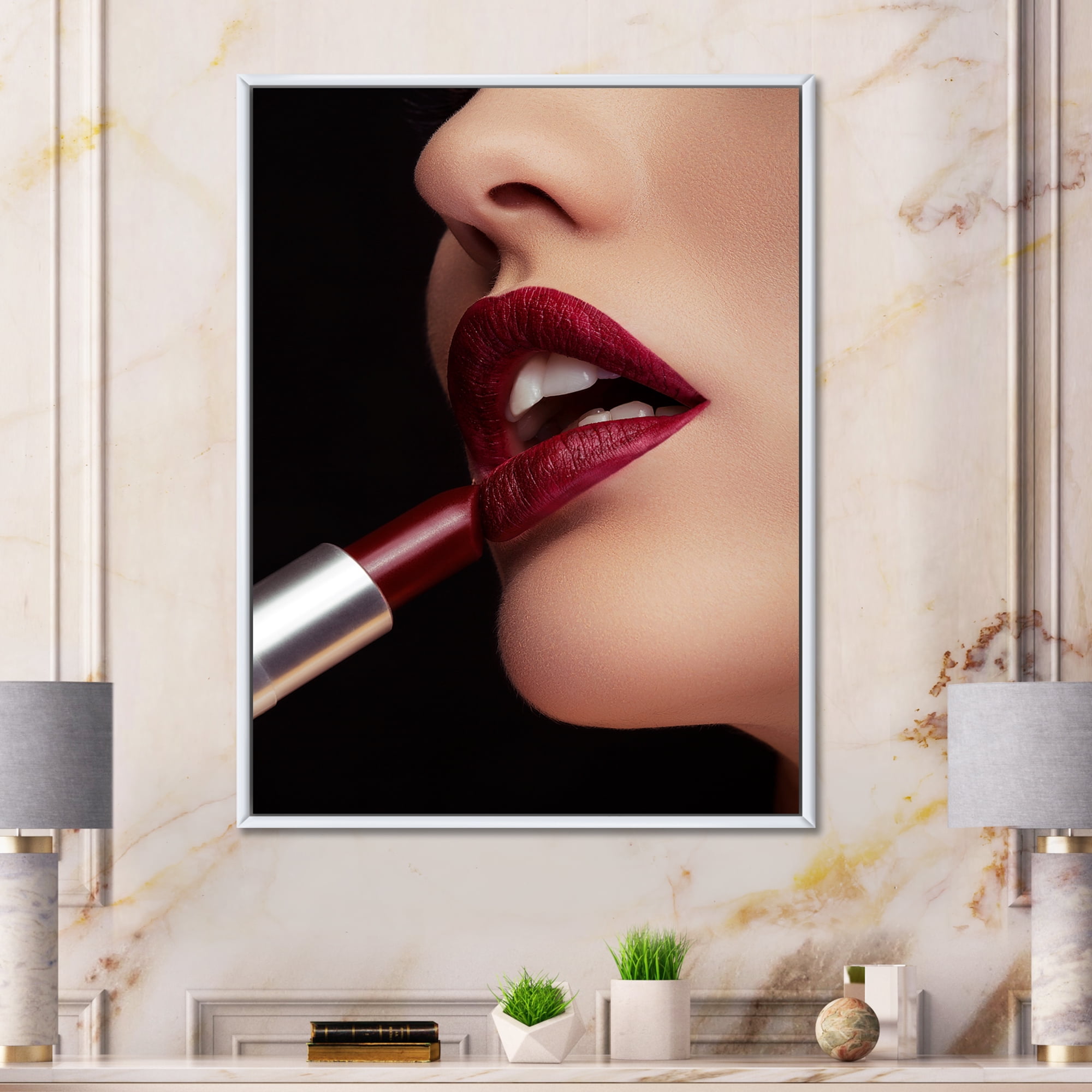 Designart 'Woman Applying Red Lipstick On Lips I' Modern Framed Canvas Wall Art Print