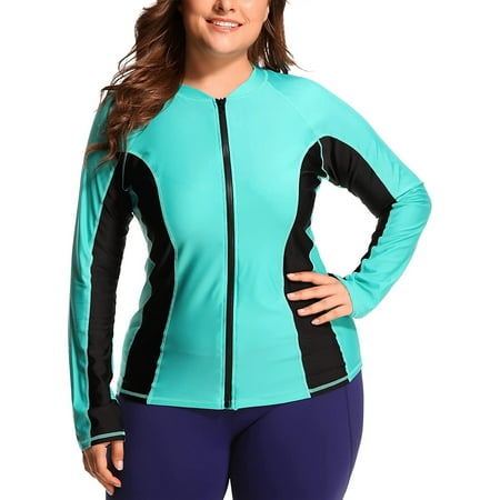Charmo Womens Plus Size Long Sleeve Rash Guard Top Zipper Swimsuit Swim Shirt