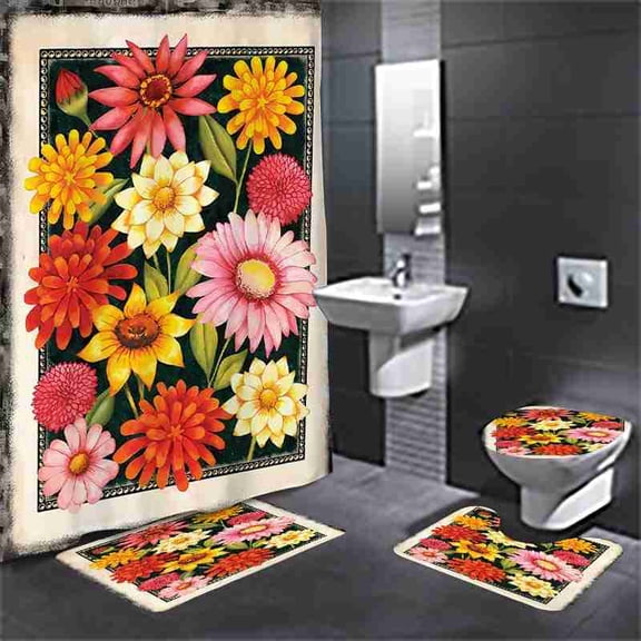Vintage Framed Floral Tapestry 4-Piece Shower Curtain Set with Bath Mats and Toilet Lid Cover for Bathroom Decor