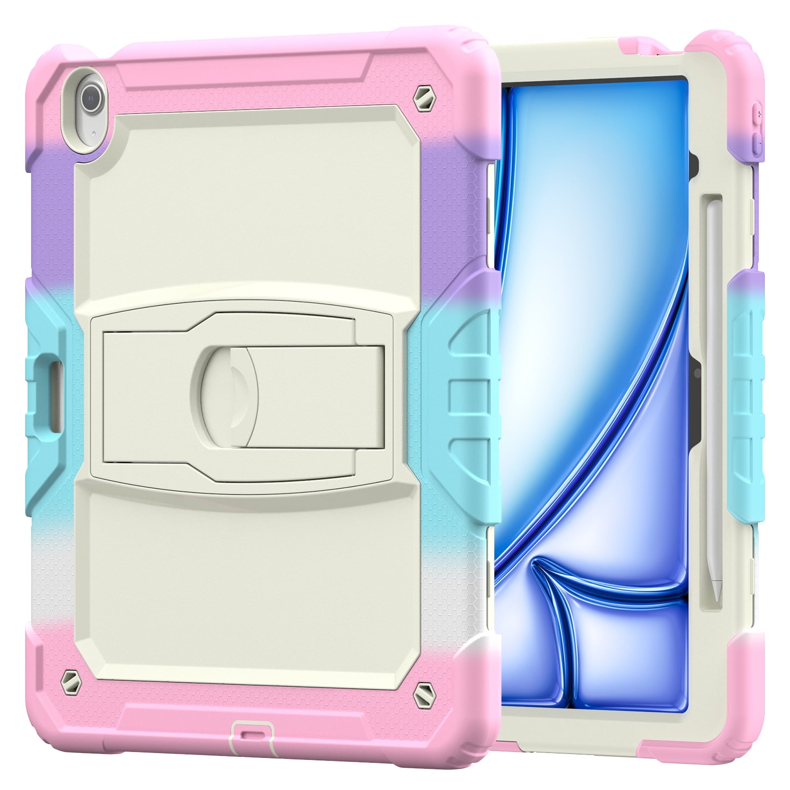 Rugged Case For Apple iPad Air 13 (2024) – 3-Layer Protection Shockproof Stand Cover with Screen Protector, Adjustable Stand, Shoulder Strap, & Pencil Holder -- Colorful Pink