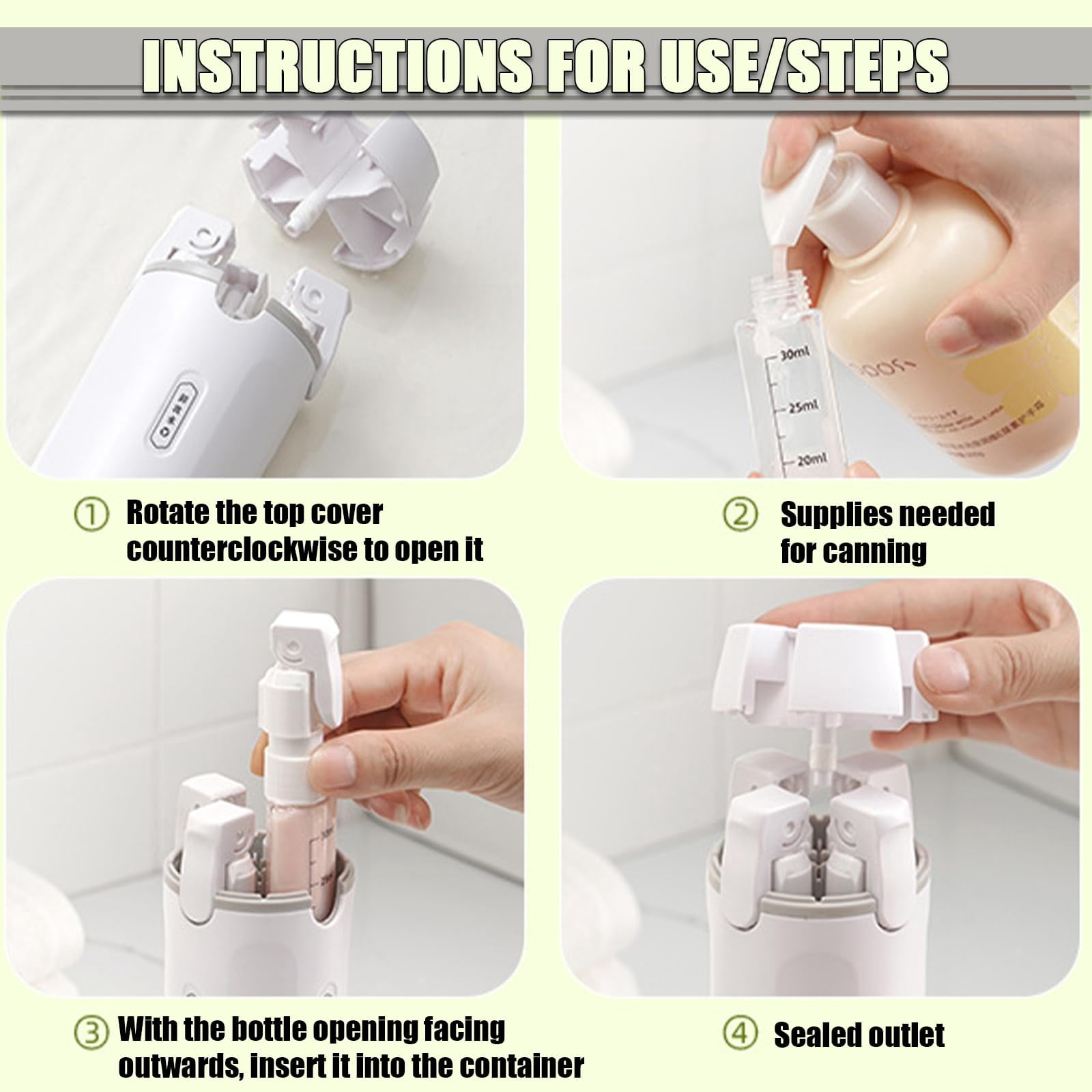 4-in-1 Leakproof Rotatable Travel Dispenser Set, Portable Travel Toiletries Bottle Set with Scale Label, Push-Down Dispenser, for Flights Gym Bag Weekends Away (White)