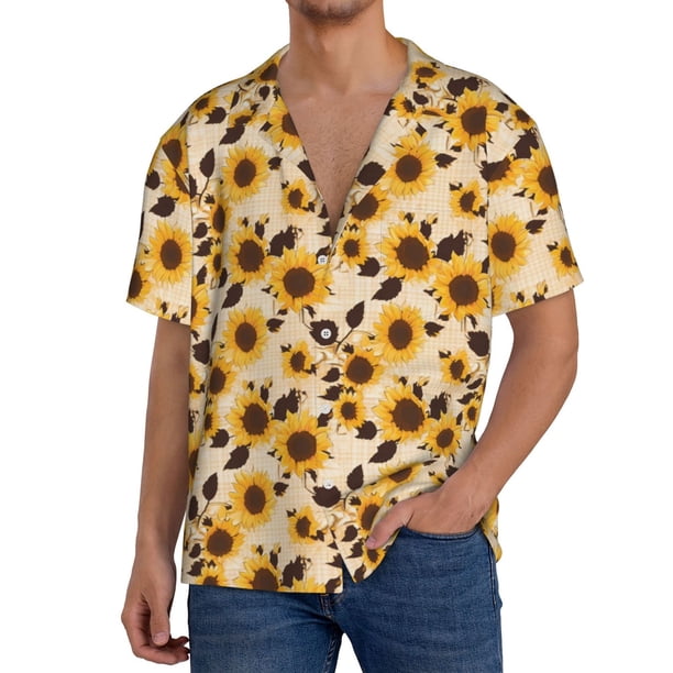 Balery Vintage Plaid Cute Sunflower Camisa Casual de Manga Corta con Botones para Hombre, Texturizada, Estilo Cubano, para Playa, Verano-X-Large
