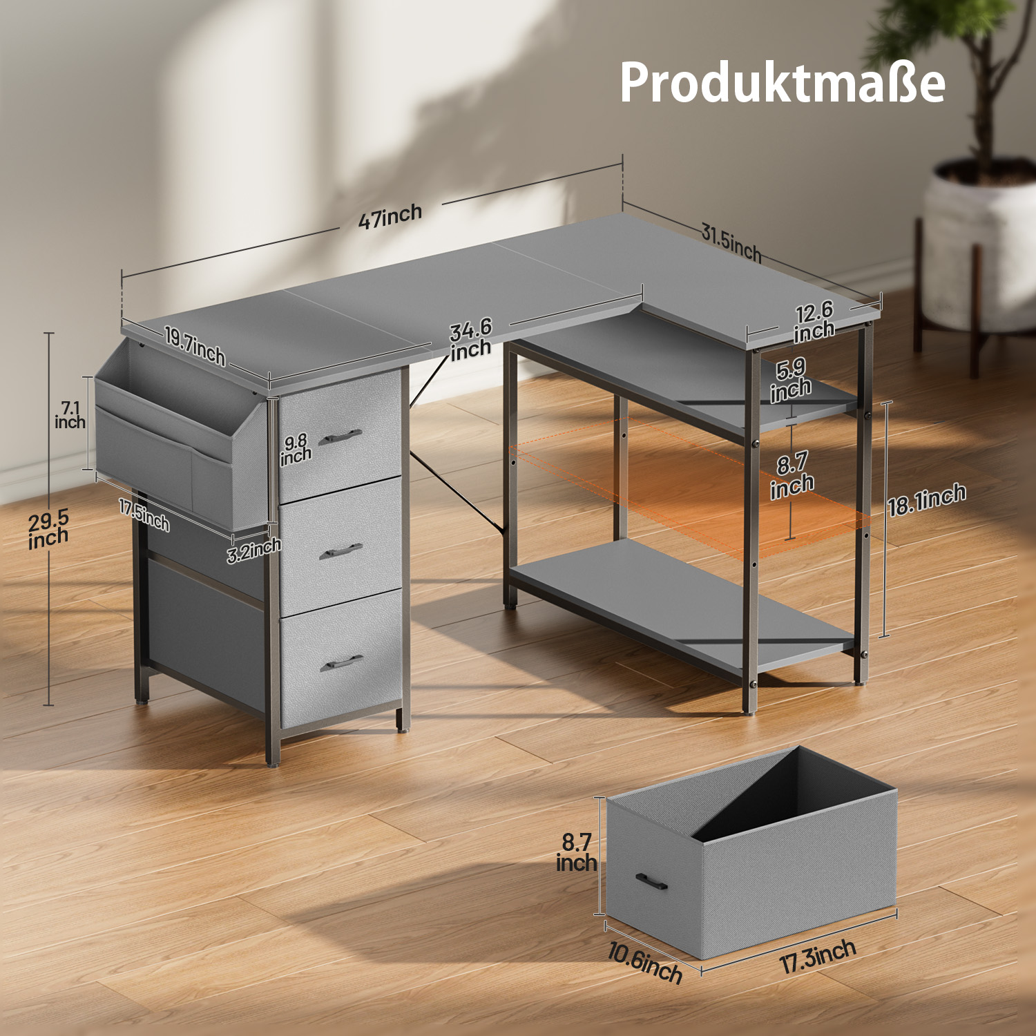 HLDIRECT L Shaped Computer Desk with Drawers & Storage Shelves, 47 inch Corner Desk for Home Office and Bedroom, Gray