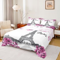Homewish Pink Bowtie Ribbon Twin Sheet Sets,Paris Eiffel Tower Twin Fitted Sheet,Romantic Red Rose Flat Sheet For Men Women,Ultra Soft Home Decor,3-Piece