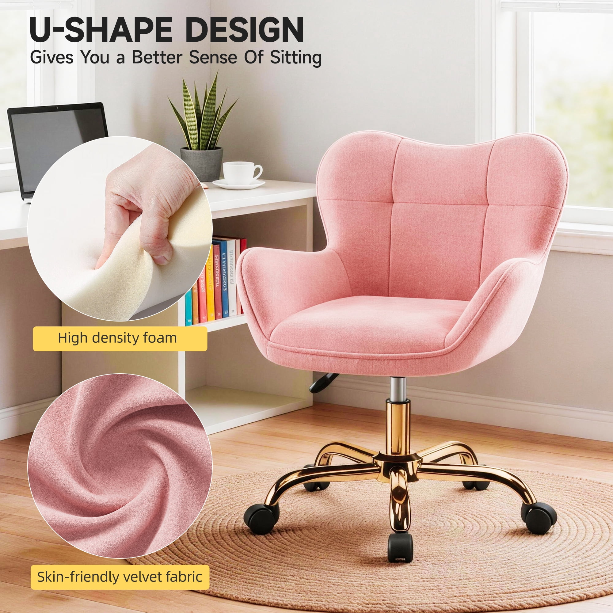 COOHUT Velvet Vanity Chair, Mackup Chair with Wheels, Comfy Swivel Modern Leisure Armchair for Girls Women, Small Office Chair Height Adjustable for Living Room, Bedroom, Offic, Pink