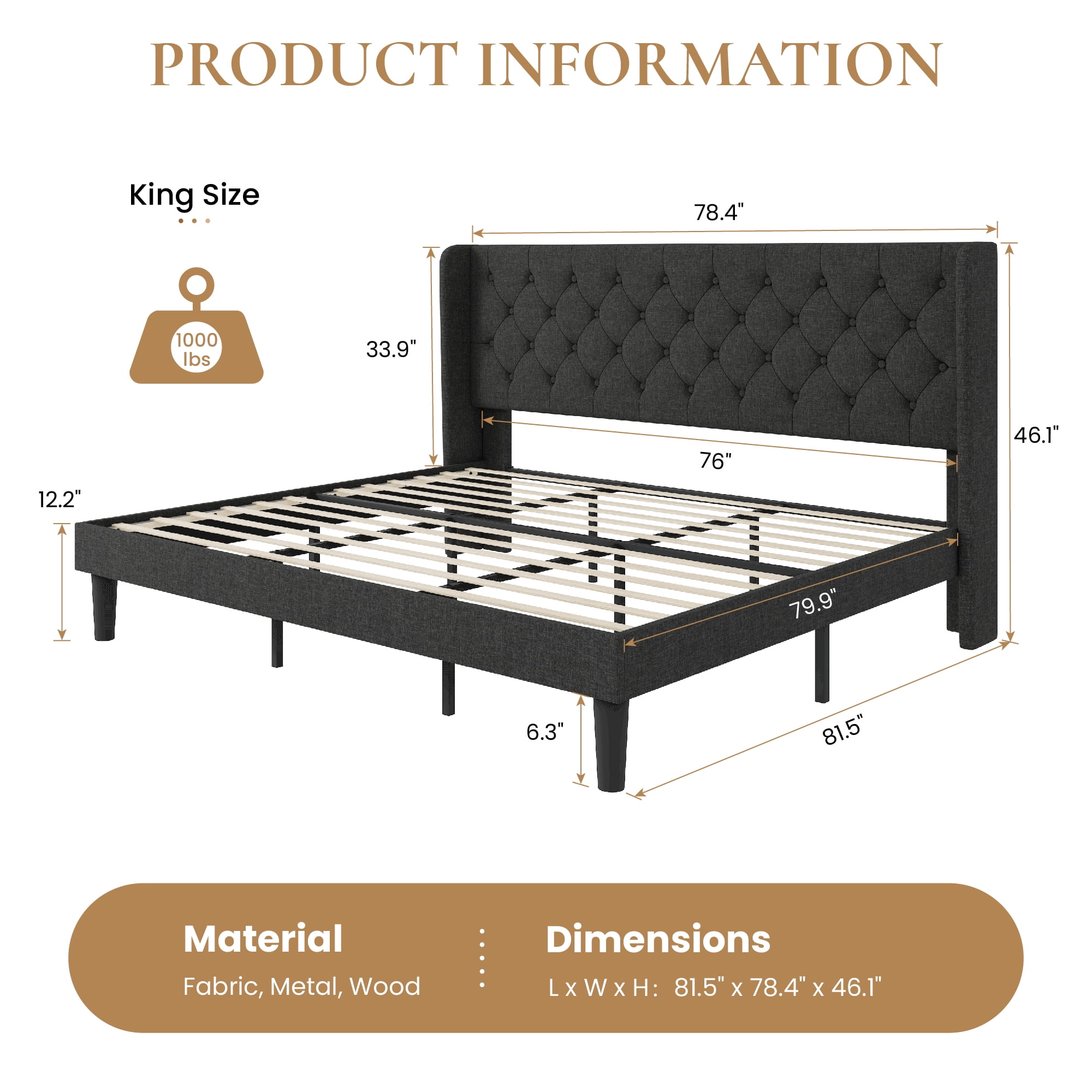 SHA CERLIN King Size Platform Bed Frame with Fabric Wingback&Tufted Upholstered Headboard, Dark Grey