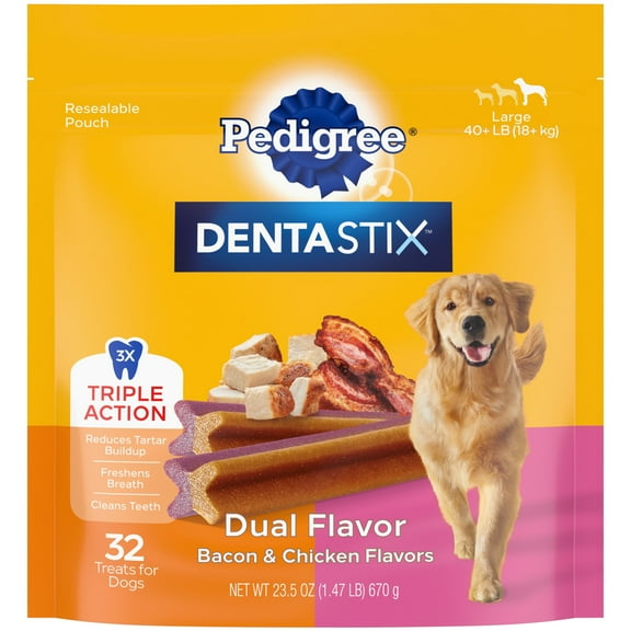 Pedigree Dentastix Bacon & Chicken Dual Flavor Large Breed Dog Treats, 1.47 Lb. Bag