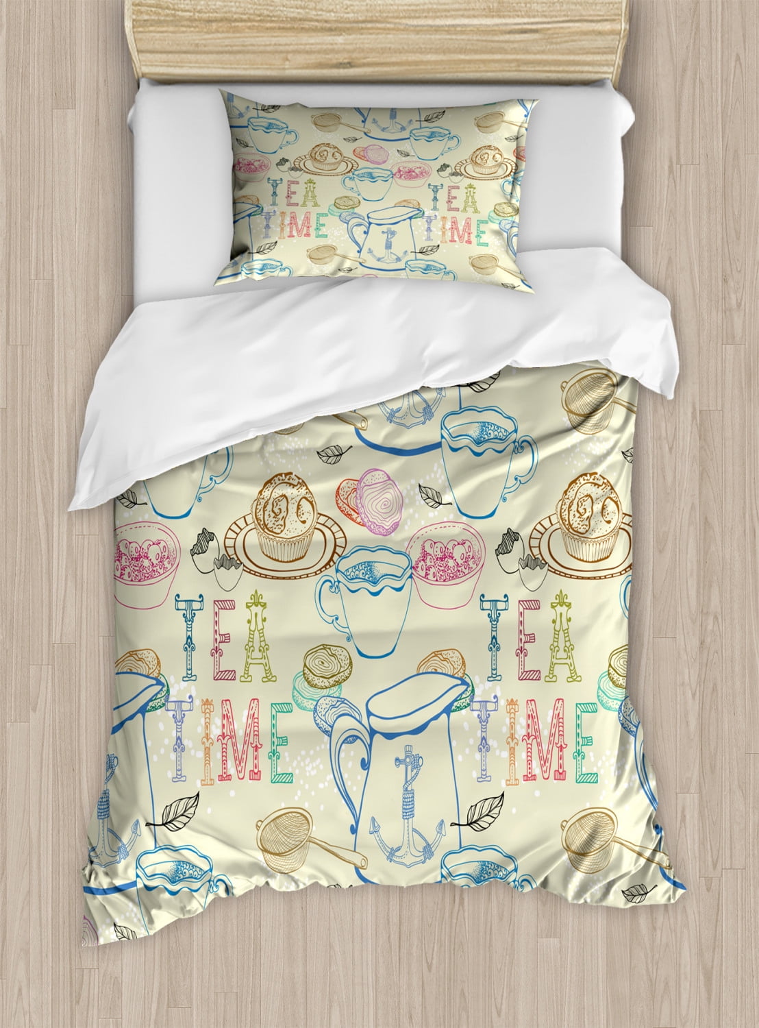 Tea Party Duvet Cover Set, Pale Colored Tea Time Themed Image with