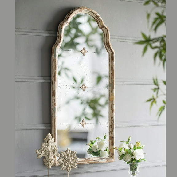Llinc Store 22" x 48" Antique Large Framed Wall Mirrored Decor, Cream & Gold Wood Arched Hanging Wall Mirror with Decorative Window Look for Living Room, Bathroom, Entryway