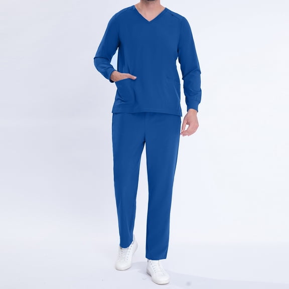 Homenesgenics Mens Scrubs Sets,Nursing Uniform for Men,Caregiver Uniform/Carer Uniform,V-neck Long Sleeve Pocket Top Breathable Loose-Fit Elastic Waist Pants,Caregiver Uniform Set Blue XXL