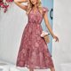 thumbnail image 5 of Vestido largo de las mujeres elegante V cuello ruffle floral impresión rodilla longitud vestido para primavera y verano rosa S, 5 of 8