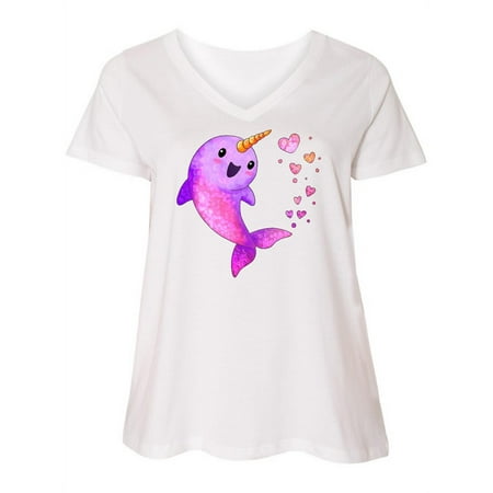 

Inktastic Valentine s Day Cute Pink Narwhal with Hearts Women s Plus Size V-Neck