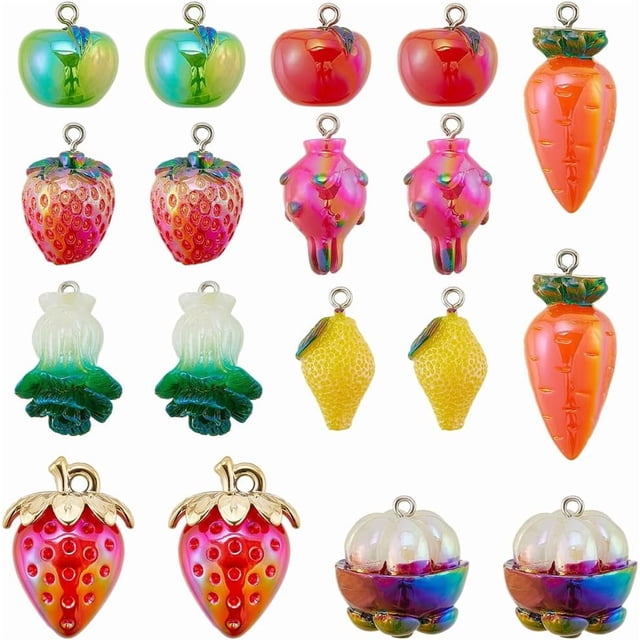 18 piezas de 9 estilos de dijes de frutas de resina 3D con purpurina de color AB, fresa, limón, zanahoria, manzana, frutas y verduras, colgantes con agujero.