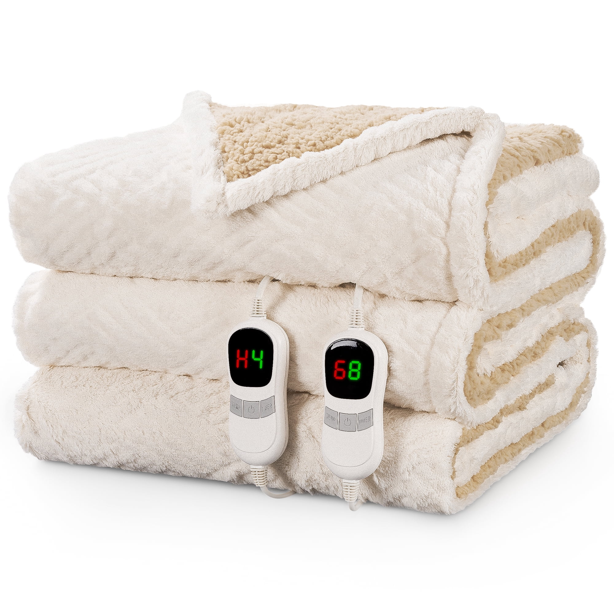 MARNUR Heated Blanket Queen Size 84"x90", Jacquard Faux Fur & Sherpa Electric Blanket with Dual Controllers,10 Heat Levels & 10H Timer, Machine Washable, White