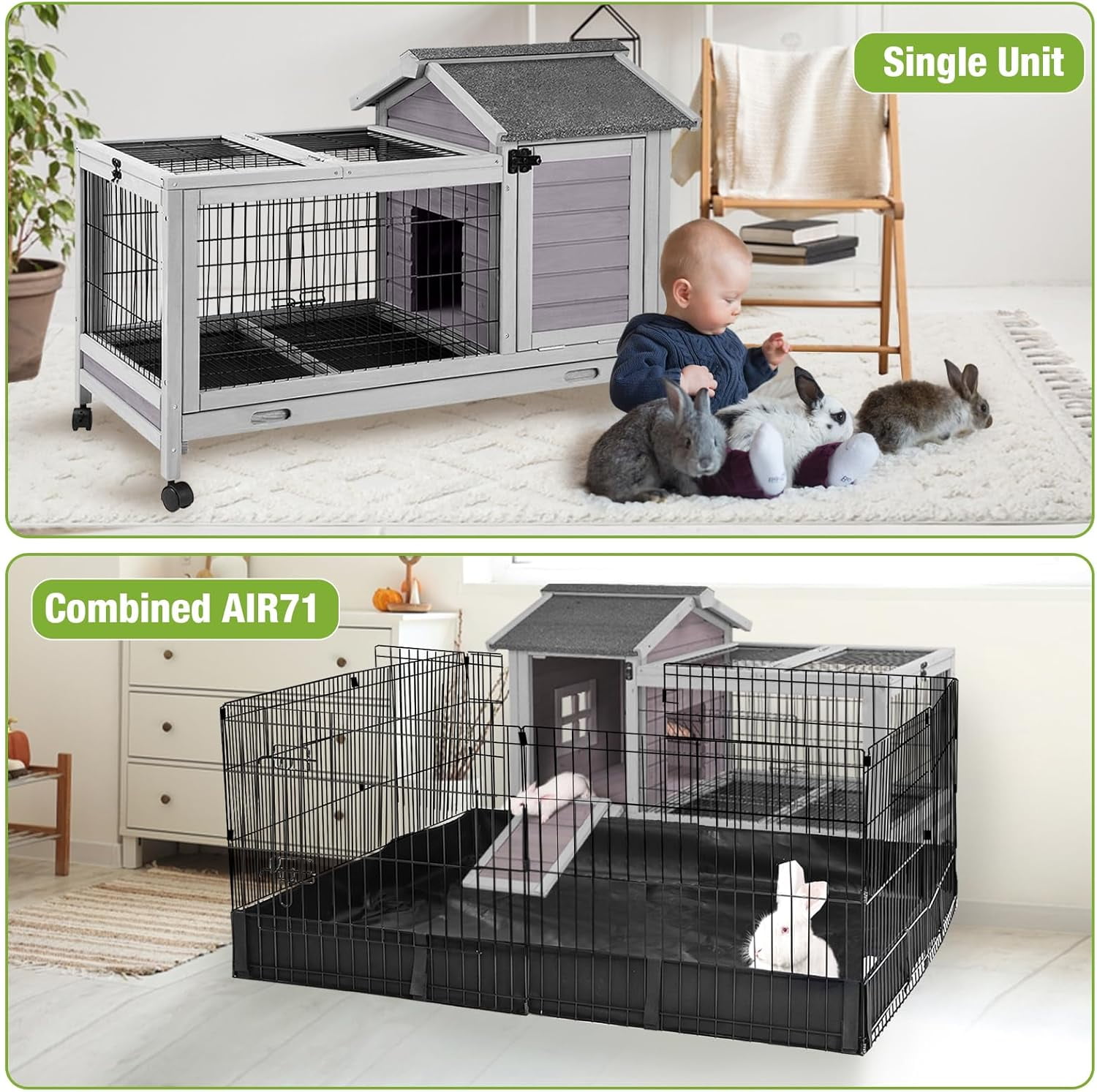 Aivituvin Rabbit Hutch Indoor Bunny Cage Outdoor Wooden Guinea Pig Cage Bunny House with Removable Metal Wire Floor, Lockable Caster Wheels, Leakproof Plastic Tray for 1-2 Rabbits, Small Animals