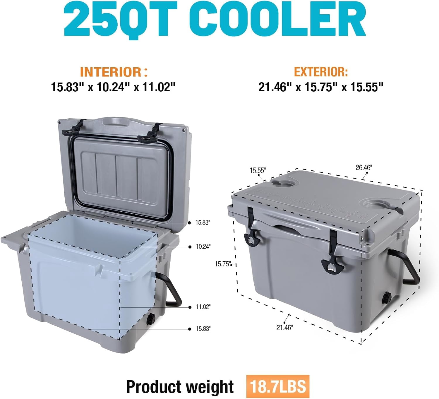 Elleree 25 Quart Hard Cooler, Portable Ice Chest with Bottle Opener, Cup Holder & Ruler,Heavy-Duty Beach Cooler for Camping, Fishing, Picnic, BBQ