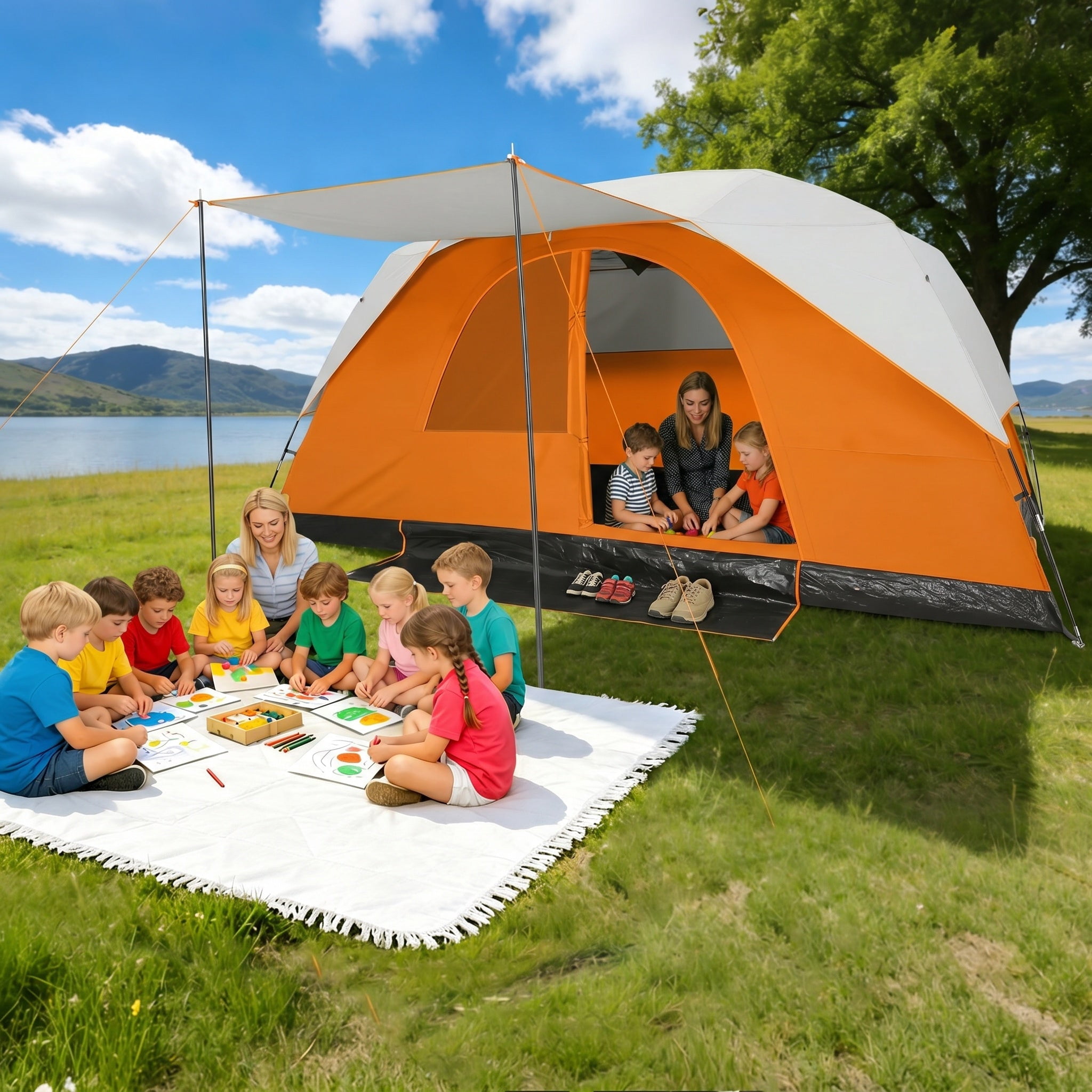 COBIZI 6-8-10 Person Camping Tent,Large Family Cabin Tent with Removable Rainfly,Mesh Roof for Stargazing,84" Tall Center,Waterproof Design,Carry Bag,Orange