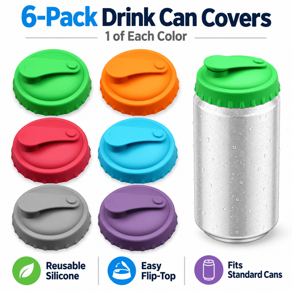 6-Pack Reusable Silicone Soda Can Covers, Assorted Color Flip-Top Beverage Can Lids for Standard Cans, Picnics, Camping and Parties