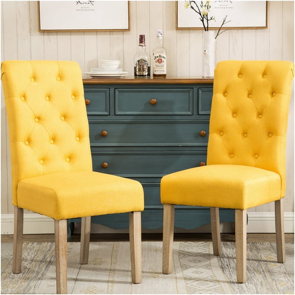 Yellow Parsons Dining Chairs Set of 2, Solid Wood Frame Upholstered Side Chairs with Button Tufted Back for Kitchen Dining Room