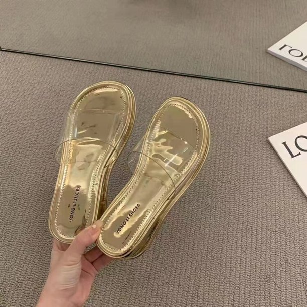 ¡Novedad de 2023! Zapatillas de tacón grueso a la moda, zapatos de marca para mujer, sandalias transparentes de PVC, zapatos de verano deslizantes con punta cuadrada, zapatillas para mujer 39 Gao Jinjia LED