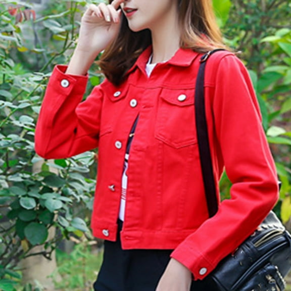 HAXMNOU Denim Jacket For Women Women Fashion Lapel Solid Casual Denim Buttons Blazer Jeans Jacket Cardigan Jean Jacket Women Red M