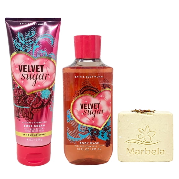 Bath & Body Works Velvet Sugar Ultimate Hydration Body Cream and Body Wash with a  Creamy Rose Bar Soap