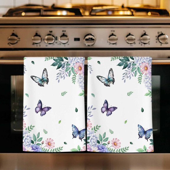 Spring Flowers Kitchen Towels Set of 3, Watercolor Floral Butterflies Botanical Absorbent Dish Towels for Kitchen, Microfiber Hand Towel, Quick Drying Tea Towel for Cleaning Decorative Dishcloths