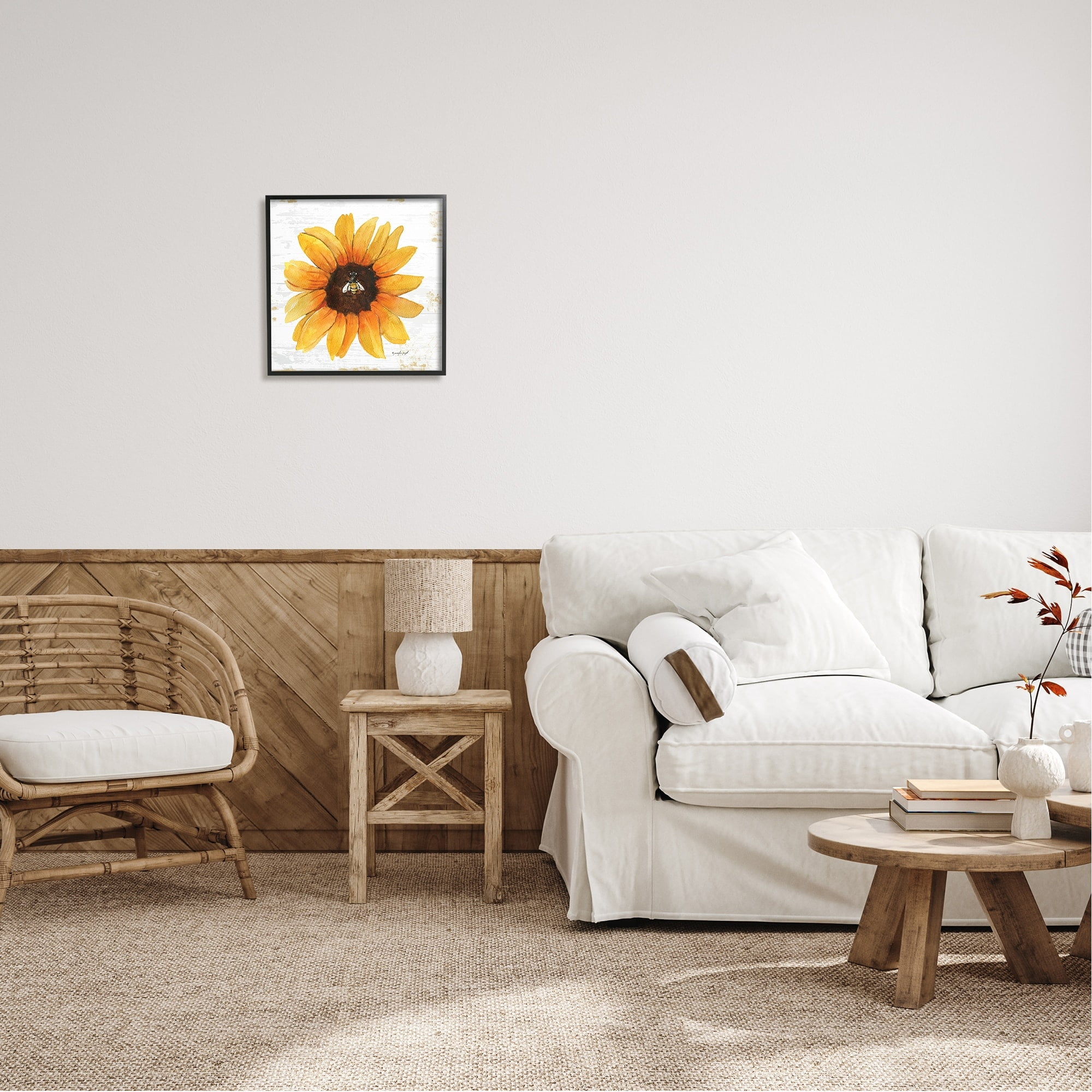 Stupell Industries Rustic Sunflower Petals Lone Bumble Bee Flower Design Graphic Art Black Framed Art Print Wall Art, Design by Jennifer Pugh