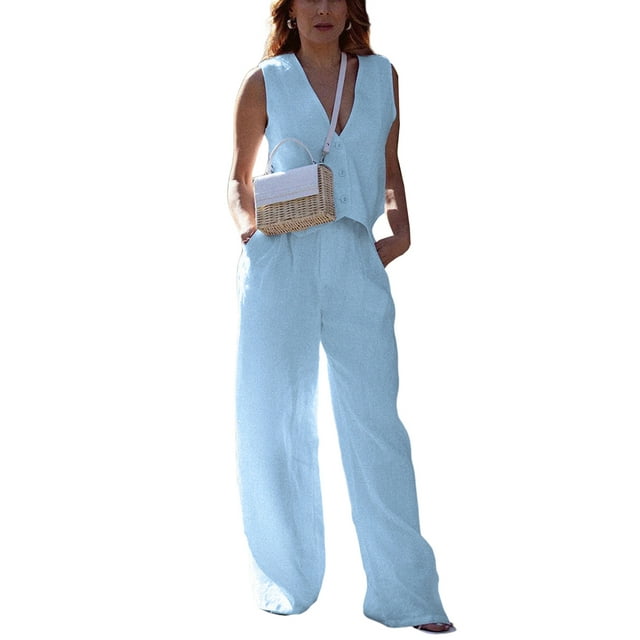 Faithtur Women's Summer Cotton Linen Outfits Solid V-Neck Button Vest + Wide Leg Pants Set Blazer Suits