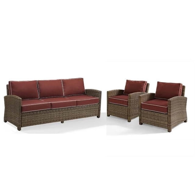 Ensemble de Canapé en Osier pour Patio de 3 Pcs avec Canapé et Ensemble de 2 Chaises en Sangria