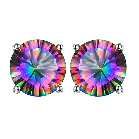 XUFLVPSEF Plated Round Rainbow Quartz Stud Earrings Colourful Fashion Created Mystic Topaz Stud Earrings Hypoallergenic for Women Men Jewelry Gifts Clearance Sale A