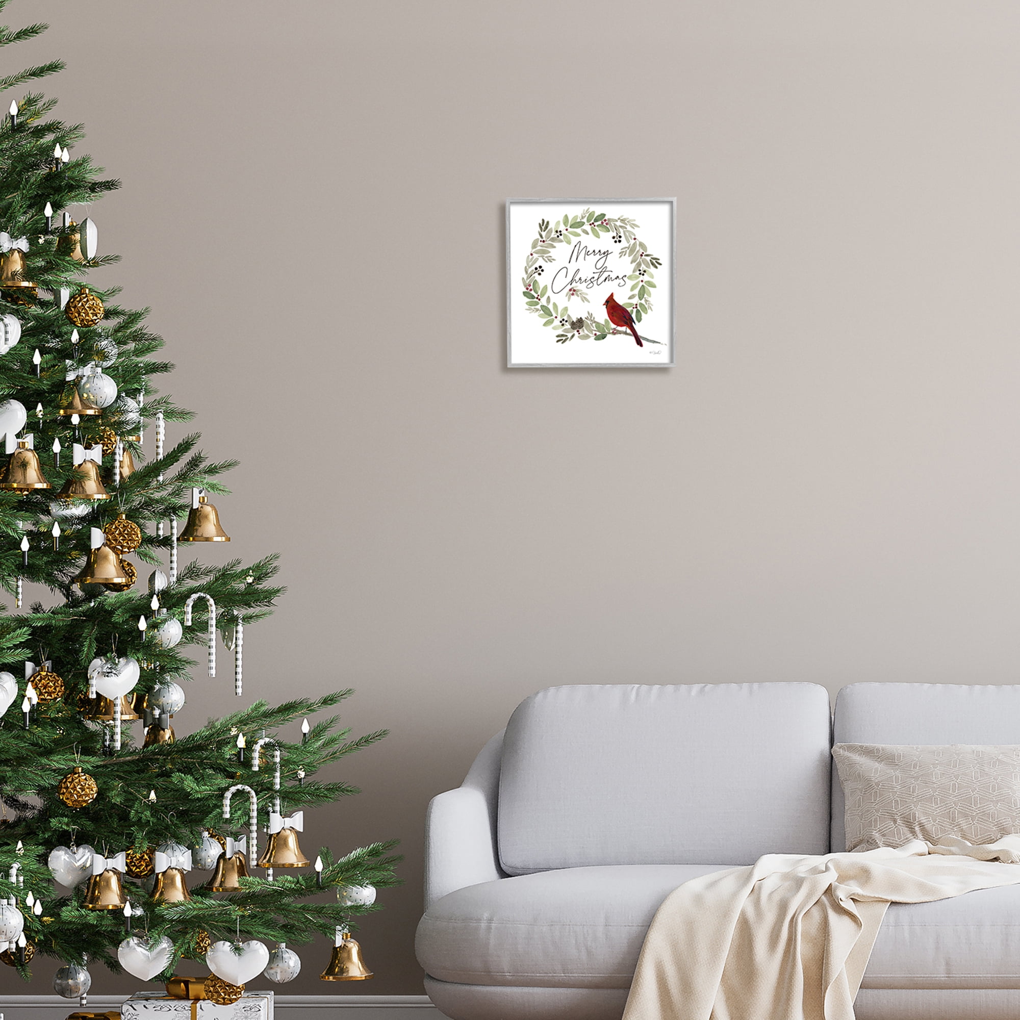 Stupell Industries Merry Christmas Cardinal Holiday Painting Gray Framed Art Print Wall Art, 12 x 12