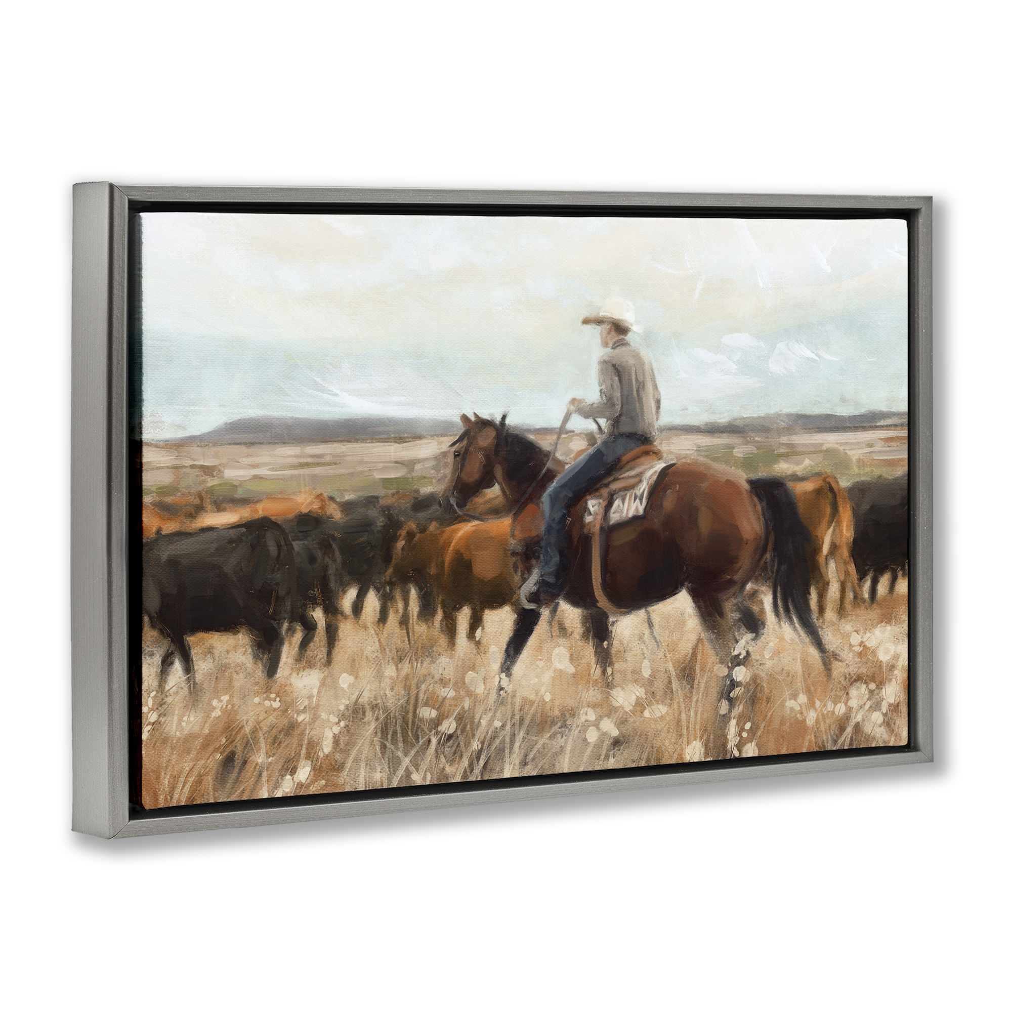 Stupell Industries Cowboy Rounding Cattle Landscape Painting Gray Floater Framed Canvas Art Print Wall Art, 31 x 21