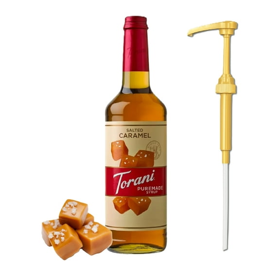 Torani Puremade Salted Caramel Flavouring Syrup, 25.4 fl oz (750ml) Glass Bottle with Absol Gold Pump